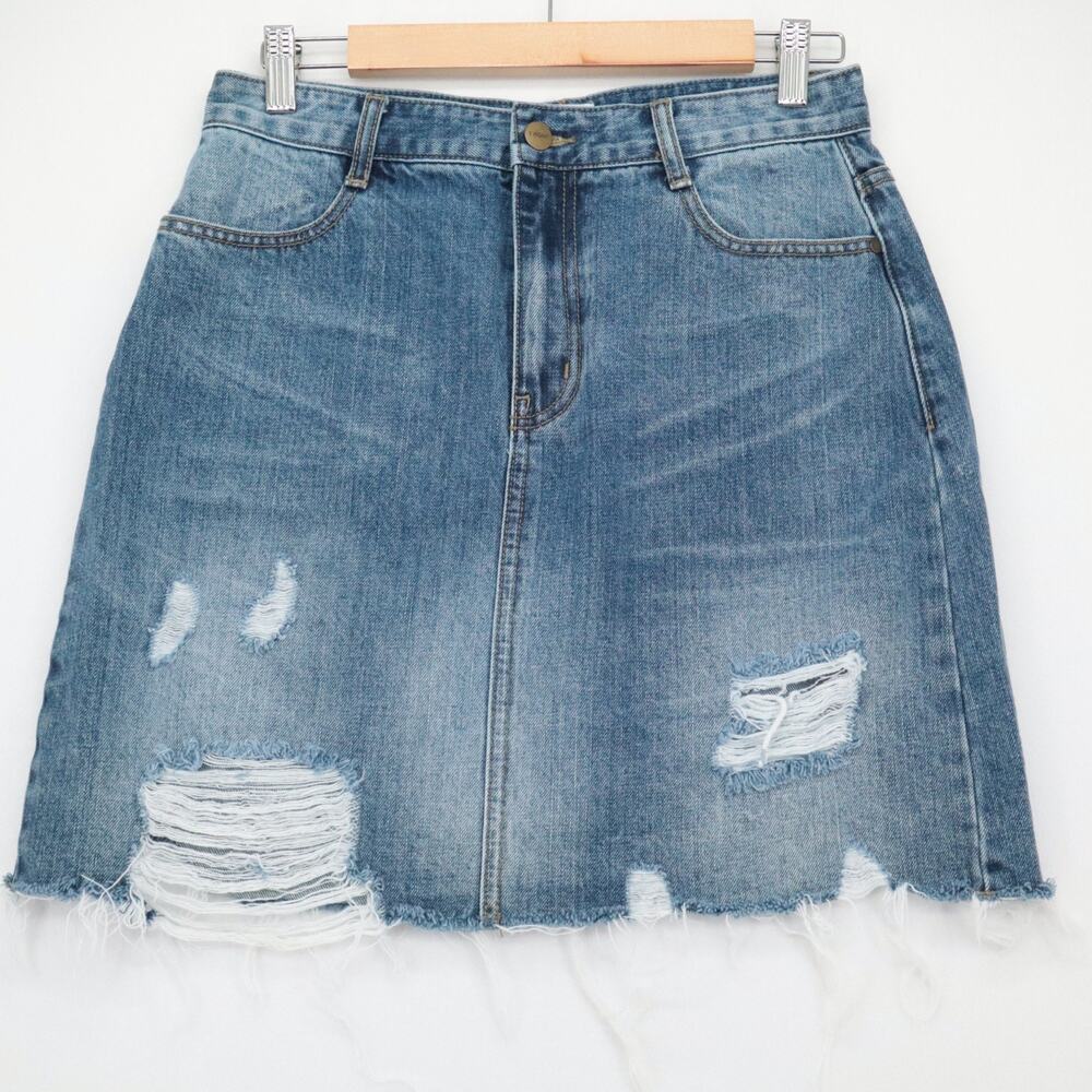 EVIDNT Size 28 Denim Jean Skirt Distressed Mini 100% Cotton Pockets Womens